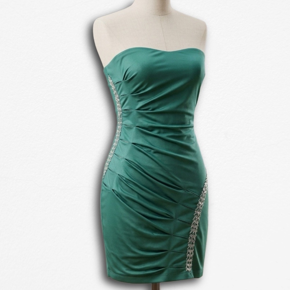 Nikibiki Teal Green Beaded Strapless Ruched Bodycon Mini Dress Womens Small